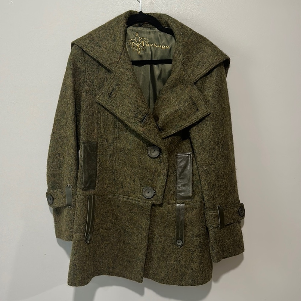 Mackage Forest Green Cashmere Blend Wool and Leather Pea Coat Sz L